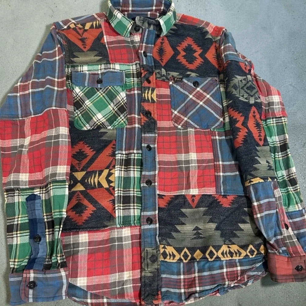Polo Ralph Lauren Mens Patchwork Flannel Shirt Southwestern Plaid Classic Fit M